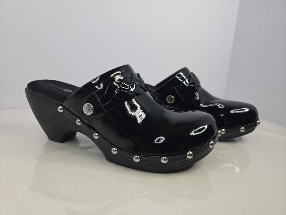Lindsay Phillips Karin Black Shiny Faux Patent Leather Clogs Sz 7 NWOB